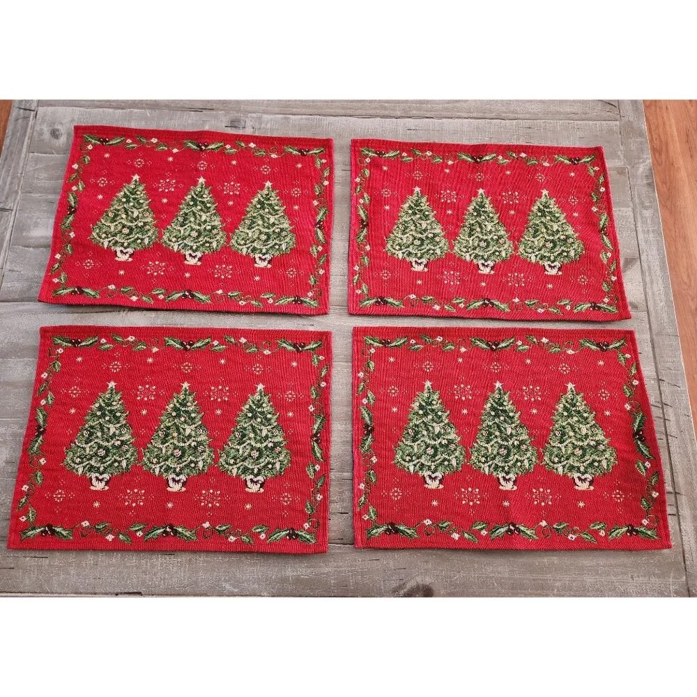 Festive Christmas Tree Woven‎ Tapestry Placemats With Holly Border 17